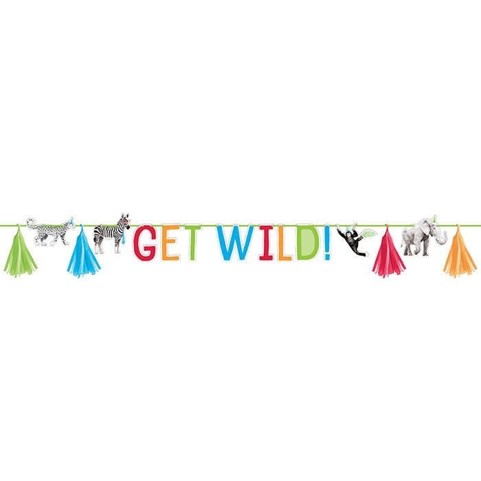 Bannière De Fête Avec Pompons (8X94Po) - Animaux De La Jungle ("Get Wild") Party Shop